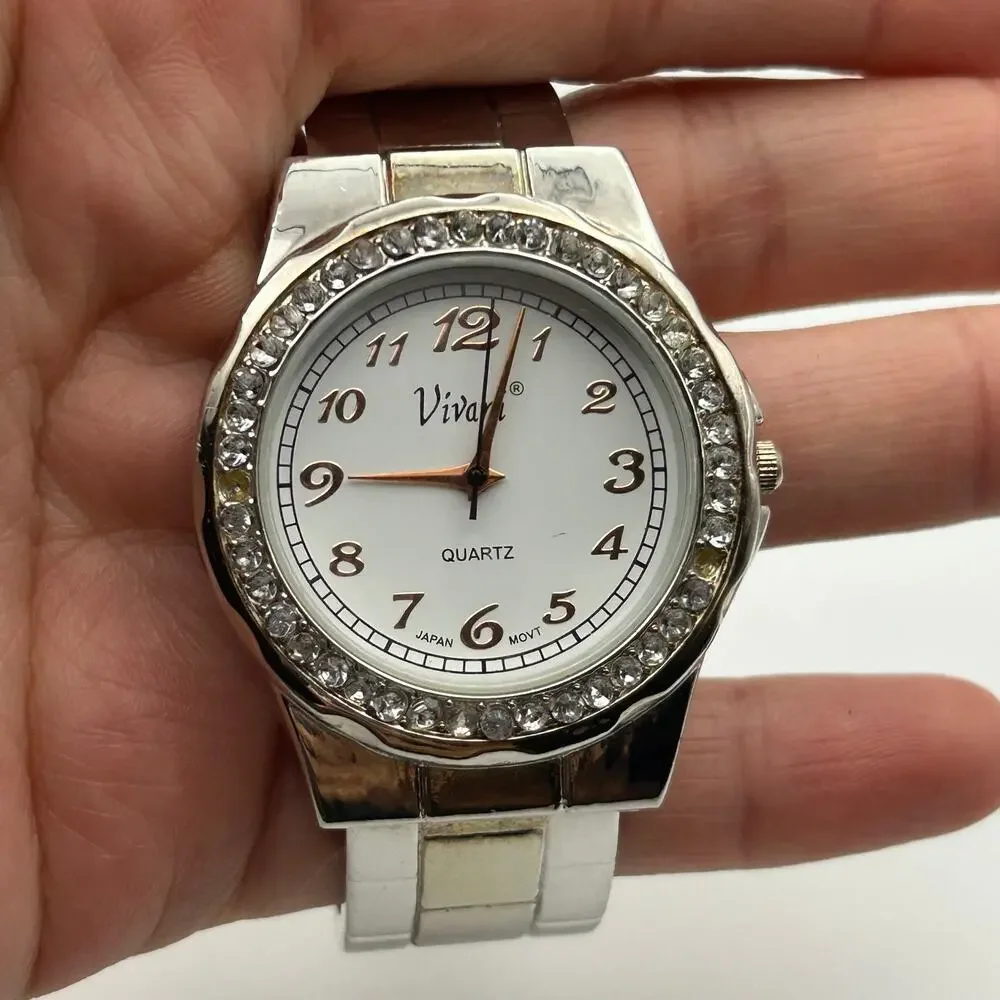 Vivani Two-tone Crystal Bezel Women’s Cuff Watch Working New Battery